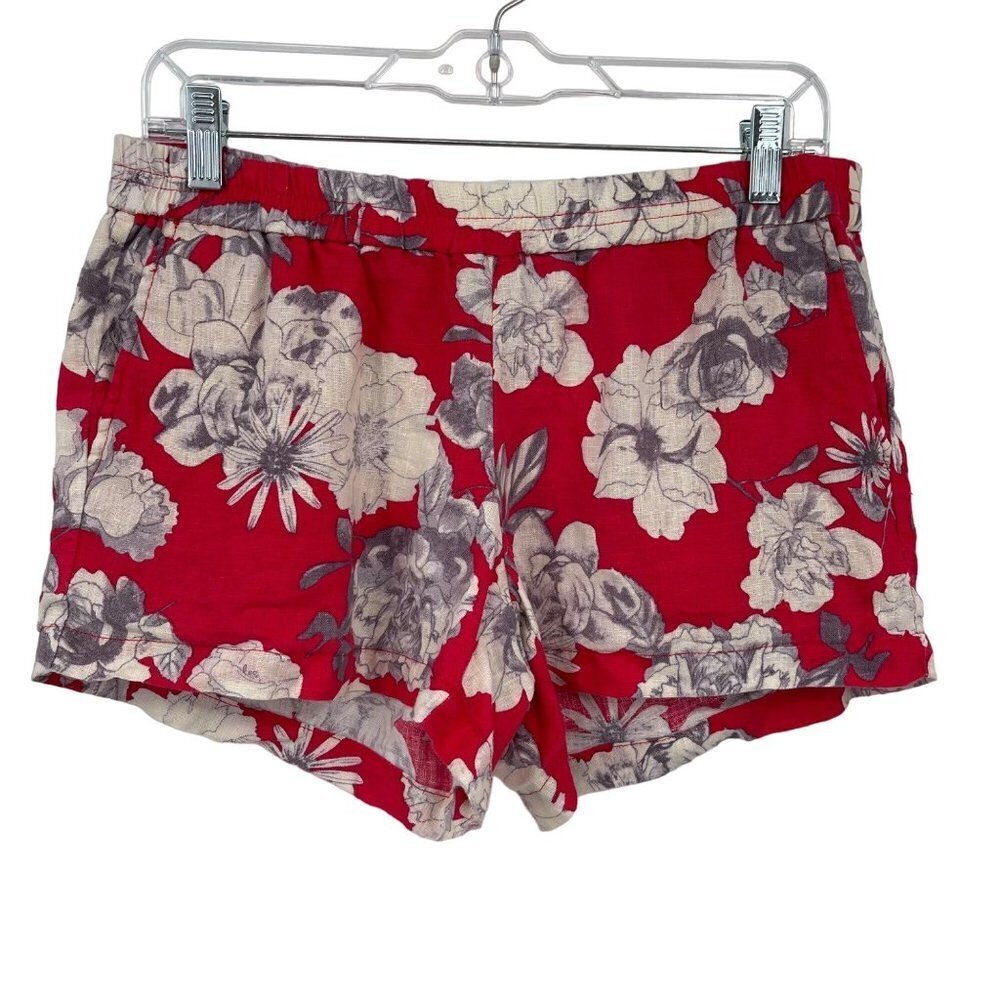 Linen Floral Shorts Womens 6 Red White Pull On Hot Pants Mid Rise Pockets‎